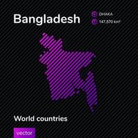 Bangladesh map. Vector creative digital neon flat line art abstract simple map with violet, purple, pink striped texture on black background. Educational banner, poster about Bangladesh
