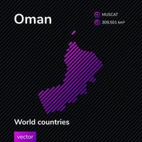 Map of Oman. Vector creative digital neon flat abstract simple map with violet, purple, pink striped texture on black background. Educational banner, poster about Oman