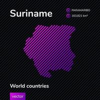 Vector creative digital neon flat map of Suriname with violet, purple, pink striped texture on black background. Educational banner, poster about Suriname