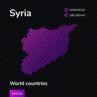Vector creative digital neon flat map of Syria with violet, purple, pink striped texture on black background. Educational banner, poster about Syria