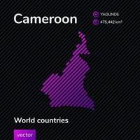Vector flat map of Cameroon in violet colors on striped black background. Educational banner