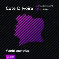 Vector flat map of Cote D'Ivoire in violet colora on the black striped background. Educational banner