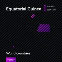 Vector neon stylized map of Equatorial Guinea in purple colors on striped black background. Educational banner