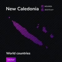 Vector striped flat map of new Caledonia in violet colors ot the black background. Educational banner