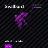 Svalbard map. Vector creative digital neon flat line art abstract simple map with violet, purple, pink striped texture on black background. Educational banner, poster about Svalbard