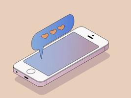 mensaje de amor en el teléfono inteligente. bocadillo de diálogo con emoji encima del teléfono vector