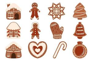 Gingerbread cookies collection. Winter traditional decorated set of sweets in shape house and star, Christmas tree and bell, gingerbread man and woman, heart, ball and mitten. vector
