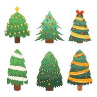 Collection of flat cartoon Christmas trees. Decorated pine and fir with light garland, balls and ribbons. Winter holiday set for greeting card.