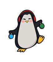 Cute penguin with Christmas balls in paws. Vector illustration. Design element isolated on white background. Image of penguin for design of posters menu brochure sites