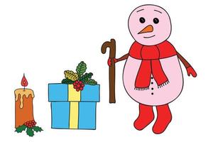 la imagen muestra un muñeco de nieve con una bufanda y un sombrero, una caja con forma de regalo, una vela con forma encendida, está destinado a año nuevo, vacaciones de navidad, tarjetas, ropa y estampado de telas, carteles. vector