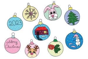 The picture shows New Year's illustrated toys with different colors and pictures, it is intended for New Year's, holidays, cards, printing, Christmas tree decoration and you can vector