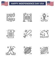 Stock Vector Icon Pack of American Day 9 Line Signs and Symbols for baseball declaration of independence day declaration ice Editable USA Day Vector Design Elements