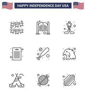 paquete de iconos de vector de stock de día americano 9 signos y símbolos de línea para la declaración de béisbol de la declaración del día de la independencia elementos de diseño de vector de día de estados unidos editables de hielo