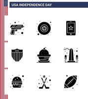 Set of 9 Modern Solid Glyphs pack on USA Independence Day muffin cake phone usa shield Editable USA Day Vector Design Elements