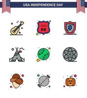 9 USA Flat Filled Line Signs Independence Day Celebration Symbols of states american american american tent Editable USA Day Vector Design Elements