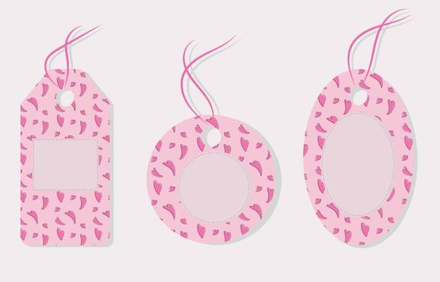 three labels with hearts for advertising sale. Colorful purchase tags of various shapes in retro style on a white background. Advertising banner. Realistic set. Text message.