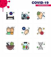 Covid19 Protection CoronaVirus Pendamic 9 Filled Line Flat Color icon set such as medical secure allergy safety gloves viral coronavirus 2019nov disease Vector Design Elements