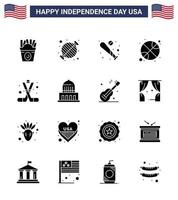 Set of 16 Vector Solid Glyphs on 4th July USA Independence Day such as day ball party basketball sports Editable USA Day Vector Design Elements