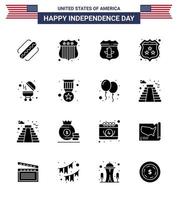 16 USA Solid Glyph Pack of Independence Day Signs and Symbols of grill barbecue usa police security Editable USA Day Vector Design Elements