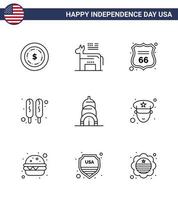 Editable Vector Line Pack of USA Day 9 Simple Lines of man building shield chrysler hot dog Editable USA Day Vector Design Elements