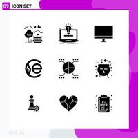 Set of 9 Vector Solid Glyphs on Grid for crypto earth coin bulb monitor gadget Editable Vector Design Elements