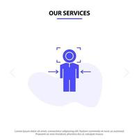 Our Services Man Focus Target Achieve Goal Solid Glyph Icon Web card Template vector