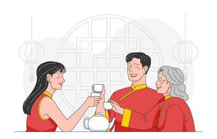 Grandmother Celebrating Chinese New Year Feast with her Son and Daughter vector