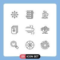 Set of 9 Vector Outlines on Grid for wind direction tea document money Editable Vector Design Elements