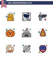 4th July USA Happy Independence Day Icon Symbols Group of 9 Modern Flat Filled Lines of house place gun festival food Editable USA Day Vector Design Elements