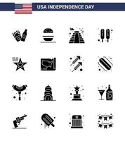 Set of 16 Modern Solid Glyphs pack on USA Independence Day usa american building star hot dog Editable USA Day Vector Design Elements