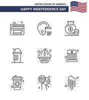 4th July USA Happy Independence Day Icon Symbols Group of 9 Modern Lines of cake muffin money american limonade Editable USA Day Vector Design Elements
