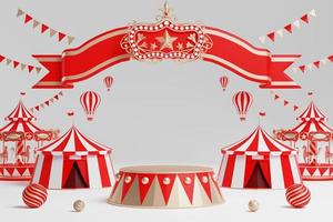 3d amusement park, circus, carnival fair theme podium with many rides and shops circus tent 3d illustration photo