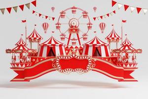 3d amusement park, circus, carnival fair theme podium with many rides and shops circus tent 3d illustration photo