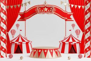 3d amusement park, circus, carnival fair theme podium with many rides and shops circus tent 3d illustration photo