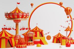 Parque de atracciones 3d, circo, podio temático de feria de carnaval con muchas atracciones y tiendas carpa de circo ilustración 3d foto