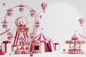 3d amusement park, circus, carnival fair theme podium with many rides and shops circus tent 3d illustration photo