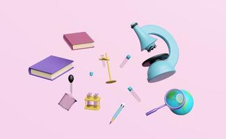 3d microscope, globe, paper plane, magnifying, beaker, test tube icon isolated on pink background. room online innovative education, e-learning concept, 3d render illustration photo