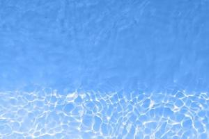 Defocus blurred transparent blue colored clear calm water surface texture with splashes and bubbles. Trendy abstract nature background. Water waves in sunlight with copy space. Blue watercolor shining photo