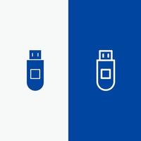 línea de datos de almacenamiento usb y glifo icono sólido banner azul línea y glifo icono sólido banner azul vector