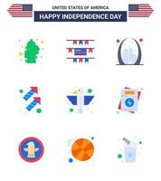 9 signos planos de estados unidos celebración del día de la independencia símbolos de celebración de fuegos artificiales de edificio de lanzamiento de animales elementos de diseño de vector de día de estados unidos editables