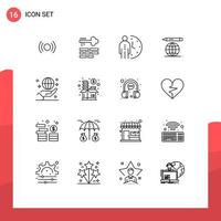 Mobile Interface Outline Set of 16 Pictograms of business education globe login world optimization Editable Vector Design Elements