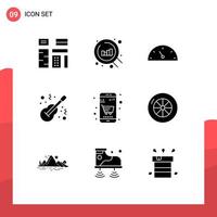 Group of 9 Modern Solid Glyphs Set for business musical gauge music folk Editable Vector Design Elements