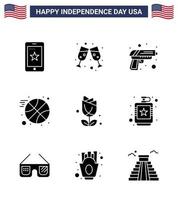 Group of 9 Solid Glyphs Set for Independence day of United States of America such as plent imerican security flower ball Editable USA Day Vector Design Elements