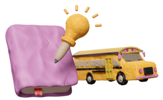 3d textbook plasticine, close book with school bus, light bulb, pencil clay isolated. idea tip education, knowledge creates ideas, clay toy icon concept, 3d render illustration png