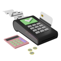 máquina de pago o terminal pos, pago electrónico de facturas y tarjeta de crédito con factura o recibo de cheque en papel, calculadora, moneda aislada. ilustración 3d o renderizado 3d png