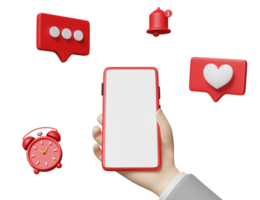 mains tenant un téléphone portable, un smartphone avec des icônes de cœur similaires, des médias sociaux, comme des notifications, une horloge, une cloche, l'amour de la santé, la journée mondiale du cœur, le concept de la Saint-Valentin, une illustration 3d, un rendu 3d png