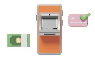 abhebung bargeld mit automatentransaktion, banknote, häkchen handy, smartphone, kreditkarte isoliert. 3D-Darstellung, 3D-Darstellung png