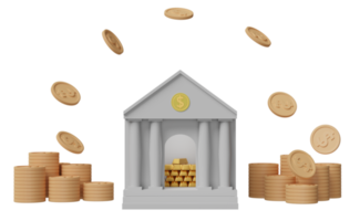 edificio de banco o oficina de impuestos con barra de oro, moneda de dólar aislada. concepto de ahorro de dinero, ilustración 3d, presentación 3d png
