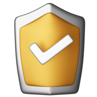 golden shield check isolated. Internet security or privacy protection or ransomware protect concept, 3d illustration or 3d render png