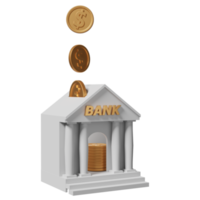 edificio de banco o oficina de impuestos con monedas de oro en dólares aisladas. financiación bancaria, concepto de cambio de dinero, ilustración 3d o presentación 3d png